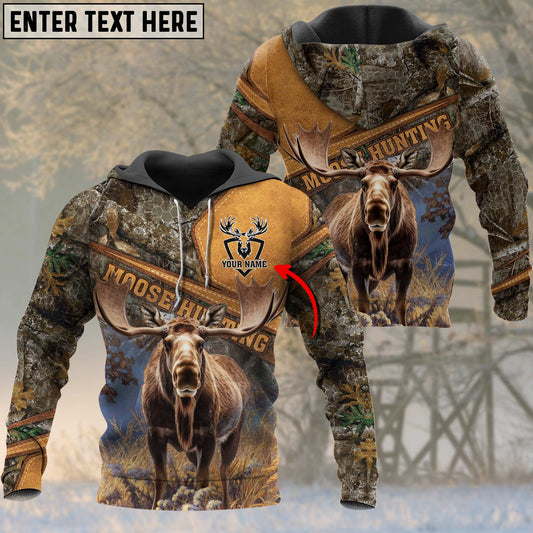 Joycorners Moose Personalized Name Brown Yellow Leather Pattern 3D Hoodie