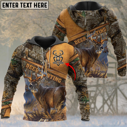 Joycorners Whitetail Deer Personalized Name Brown Yellow Leather Pattern 3D Hoodie