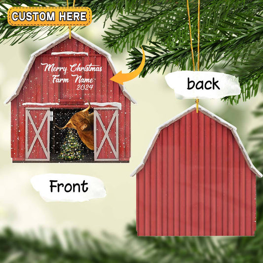 Joycorners Highland Lovers Merry Christmas Custom Farm Name Gift Red Barn Custom Shape Acrylic Ornament