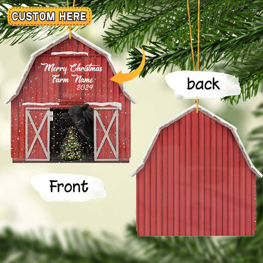 Joycorners Black Angus Lovers Merry Christmas Custom Farm Name Gift Red Barn Custom Shape Acrylic Ornament