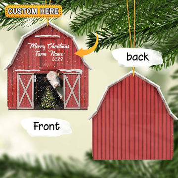 Joycorners Hereford Lovers Merry Christmas Custom Farm Name Gift Red Barn Custom Shape Acrylic Ornament