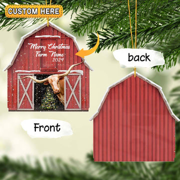 Joycorners Texas Longhorn Lovers Merry Christmas Custom Farm Name Gift Red Barn Custom Shape Acrylic Ornament