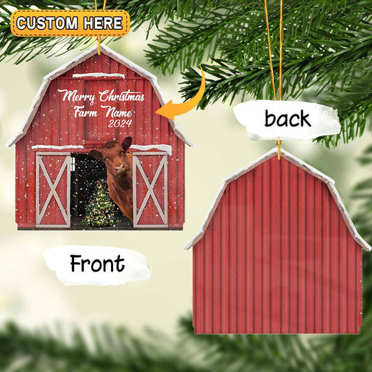 Joycorners Red Angus Lovers Merry Christmas Custom Farm Name Gift Red Barn Custom Shape Acrylic Ornament