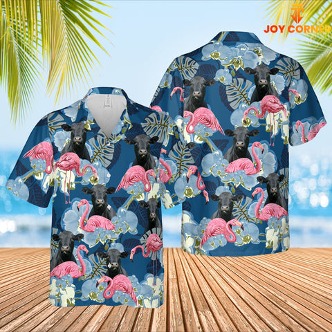 Joy Corners Black Angus Flamingo Blue Sea Pattern 3D Hawaiian Shirt