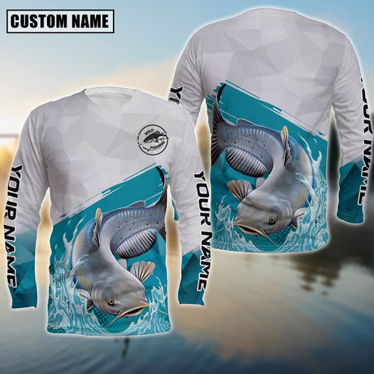 Joycorners Personalized Text Catfish Fishing Water & White 3D Long Sleeve Shirt
