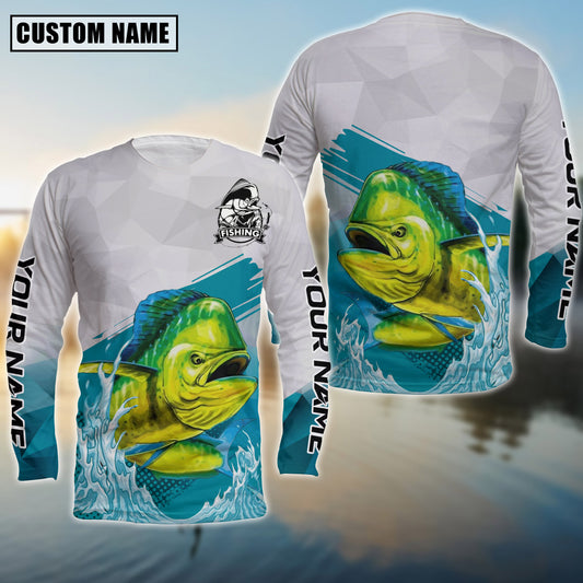 Joycorners Personalized Text Mahi Fishing Water & White 3D Long Sleeve Shirt