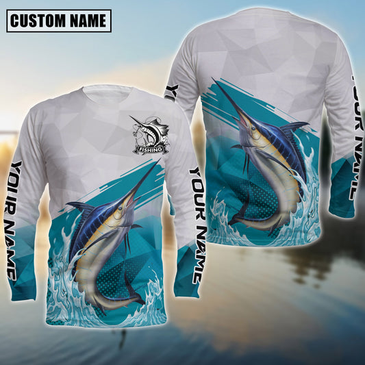 Joycorners Personalized Text Marlin Fishing Water & White 3D Long Sleeve Shirt