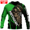 Joycorners Custom Name Mechanic Green Skull Printed 3D Hoodie