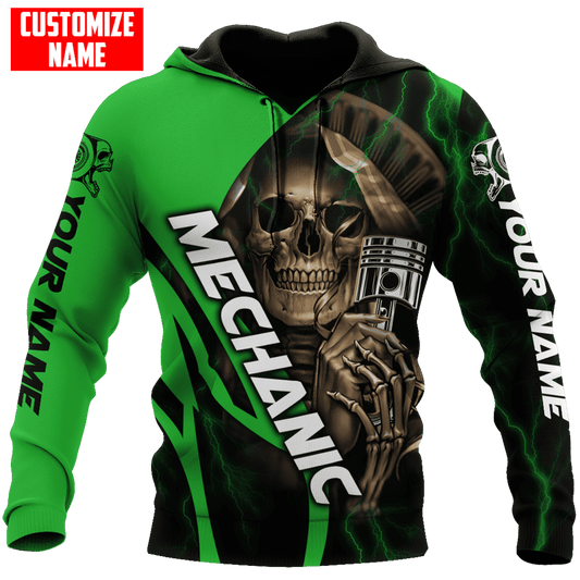 Joycorners Custom Name Mechanic Green Skull Printed 3D Hoodie