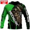 Joycorners Custom Name Mechanic Green Skull Printed 3D Hoodie