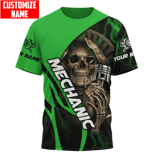 Joycorners Custom Name Mechanic Green Skull Printed 3D Hoodie