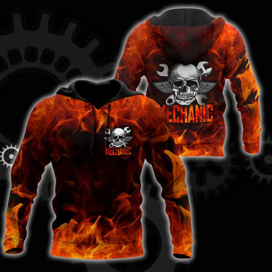 Joycorners Custom Name Fire Skull Mechanic Skull Printed 3D Hoodie