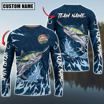 Joycorners Personalized Text Tuna Fishing Navy Water Pattern 3D Long Sleeve Shirt