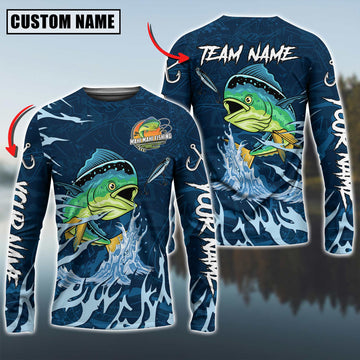 Joycorners Personalized Text Mahi Fishing Navy Water Pattern 3D Long Sleeve Shirt