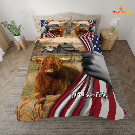 JoyCorners Highland Cattle 3D US Flag Bedding Set