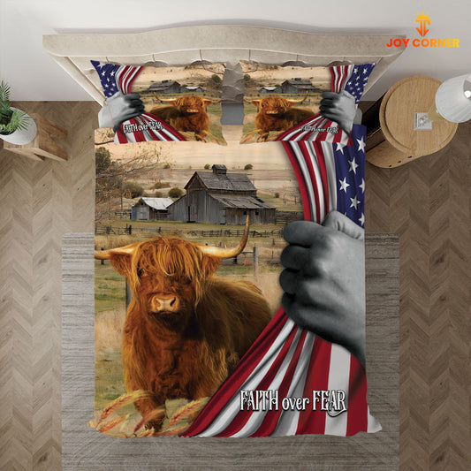 JoyCorners Highland Cattle 3D US Flag Bedding Set