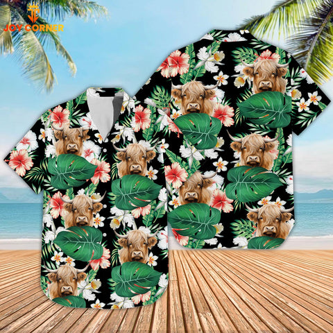 Joy Corners Highland Cattle Tropical 3D Hawaiian Shirt