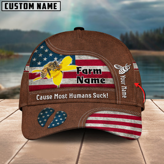 Joycorners Honey Bee US Flag Customized Name And Farm Name Cap