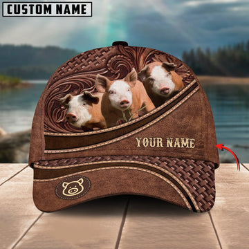 Joycorners Hereford Pigs Personalized Name Brown Carving Leather Pattern 3D Classic Cap