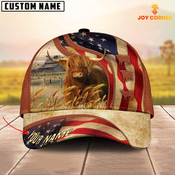 Joycorners Custom Name Highland Cattle US Flag 3D Cap