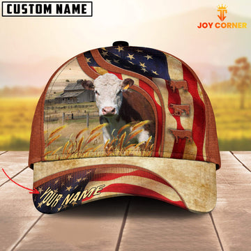 Joycorners Custom Name Hereford Cattle US Flag 3D Cap