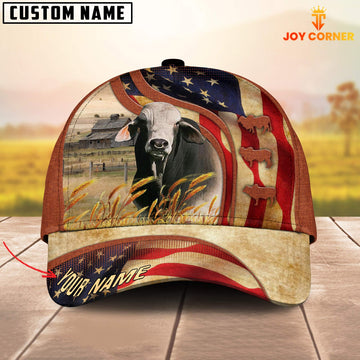 Joycorners Custom Name Brahman Cattle US Flag 3D Cap