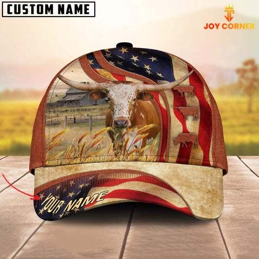 Joycorners Custom Name Texas Longhorn US Flag 3D Cap