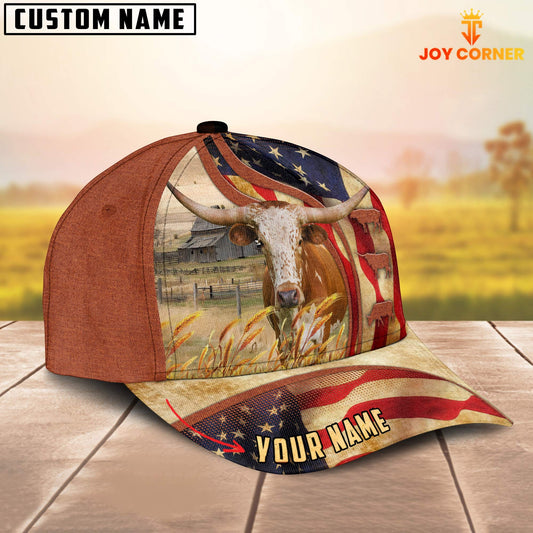 Joycorners Custom Name Texas Longhorn US Flag 3D Cap