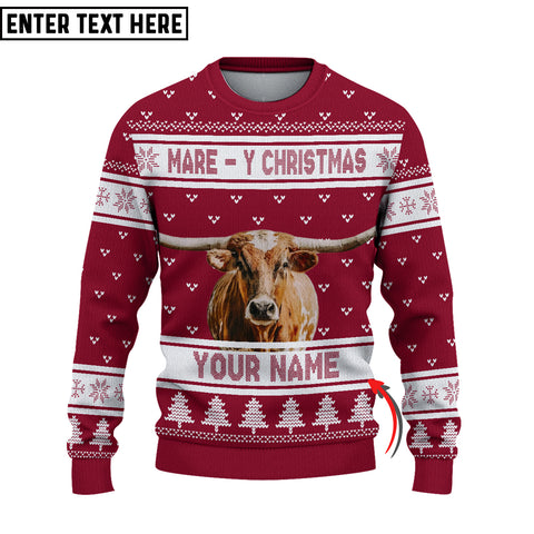 Joycorners Custom Name Texas Longhorn Mare - Y Christmas Ugly Sweater