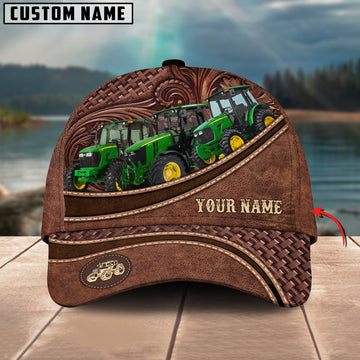 Joycorners John Deere Tractor Personalized Name Brown Carving Leather Pattern 3D Classic Cap