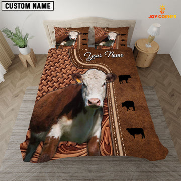 JoyCorners Custom Name Hereford Cattle Leather Carving 3D Bedding Set
