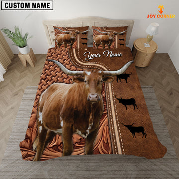JoyCorners Custom Name Texas Longhorn Cattle Leather Carving 3D Bedding Set