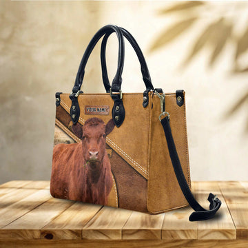 JC Personalized Name Red Angus Cattle 3D Leather Carving Handbag