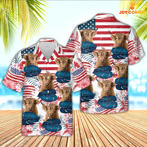 Joy Corners Highland Cattle Hibiscus Pattern US Flag 3D Hawaiian Shirt