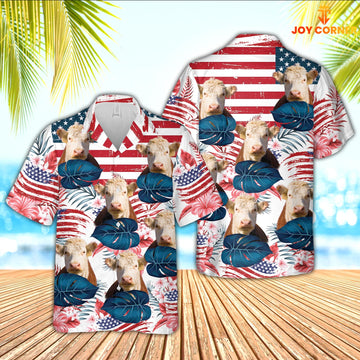 Joy Corners Hereford Cattle Hibiscus Pattern US Flag 3D Hawaiian Shirt