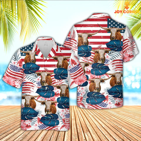 Joy Corners Texas Longhorn Hibiscus Pattern US Flag 3D Hawaiian Shirt