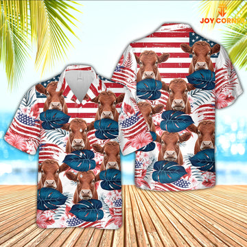 Joy Corners Red Angus Cattle Hibiscus Pattern US Flag 3D Hawaiian Shirt