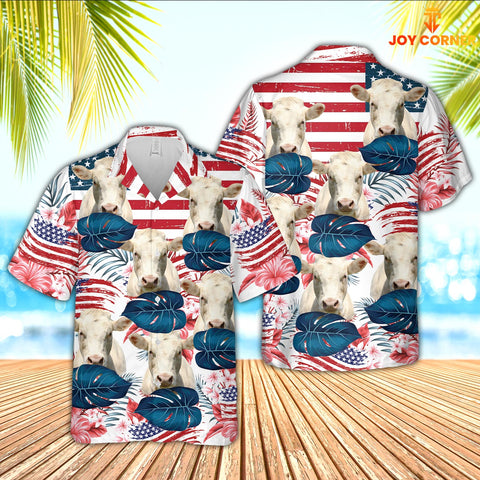 Joy Corners Charolais Cattle Hibiscus Pattern US Flag 3D Hawaiian Shirt