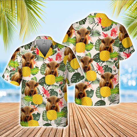Joy Corners Highland Cattle Pineapple Tropical 3D Hawaiian Shirt