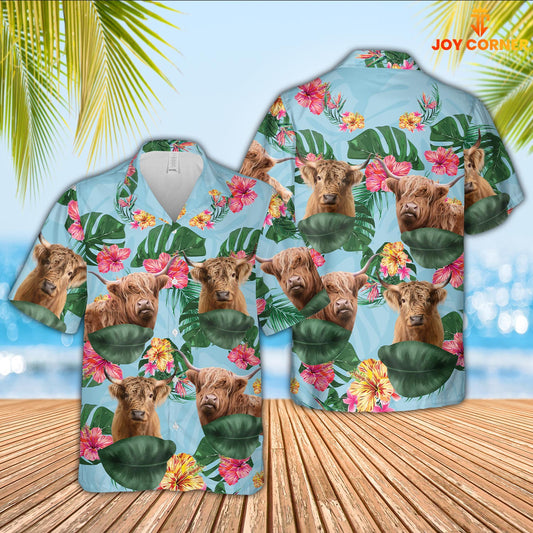 Joy Corners Highland Cattle Flower Pattern 3D Hawaiian Shirt