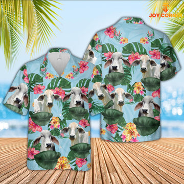 Joy Corners Brahman Cattle Flower Pattern 3D Hawaiian Shirt