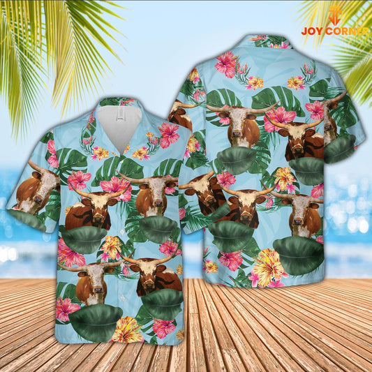 Joy Corners Texas Longhorn Flower Pattern 3D Hawaiian Shirt