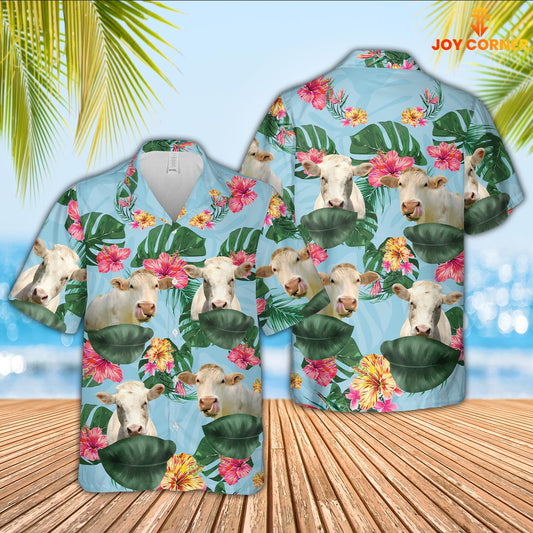 Joy Corners Charolais Flower Pattern 3D Hawaiian Shirt