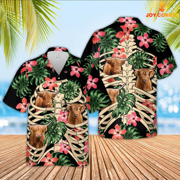 Joy Corners Highland Cattle 3D Hawaiian Skeleton Flower Shirt