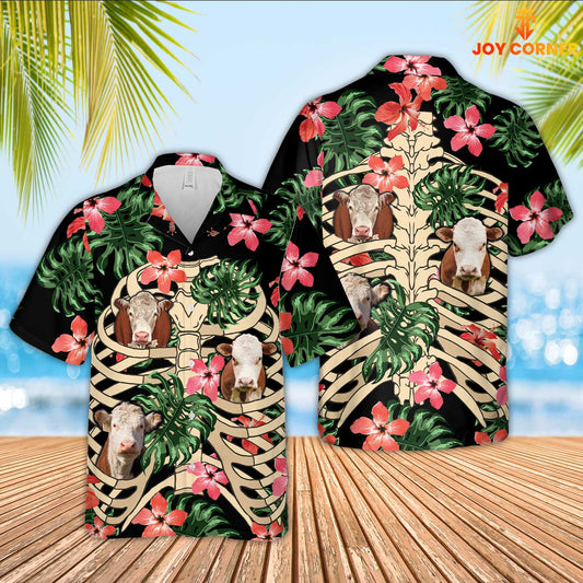 Joy Corners Hereford Cattle 3D Hawaiian Skeleton Flower Shirt