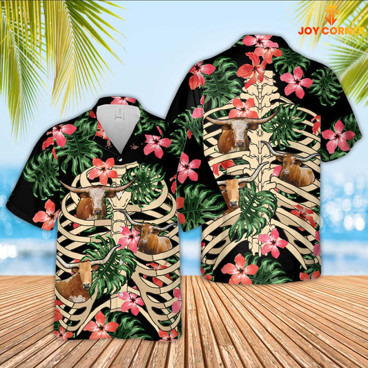 Joy Corners Texas Longhorn 3D Hawaiian Skeleton Flower Shirt