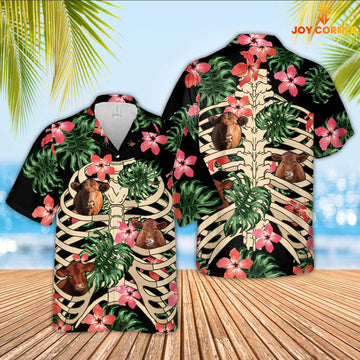 Joy Corners Red Angus 3D Hawaiian Skeleton Flower Shirt