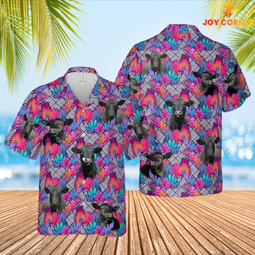Joy Corners Black Angus Face Leaf Pattern 3D Hawaiian Shirt