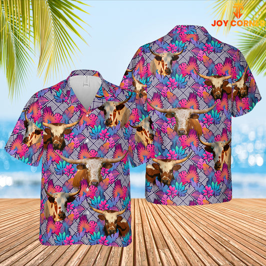 Joy Corners Texas Longhorn Face Leaf Pattern 3D Hawaiian Shirt