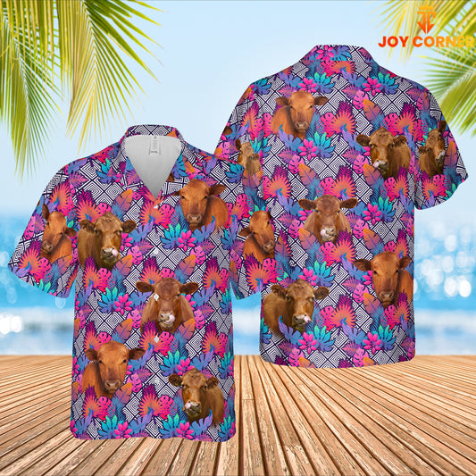 Joy Corners Red Angus Face Leaf Pattern 3D Hawaiian Shirt